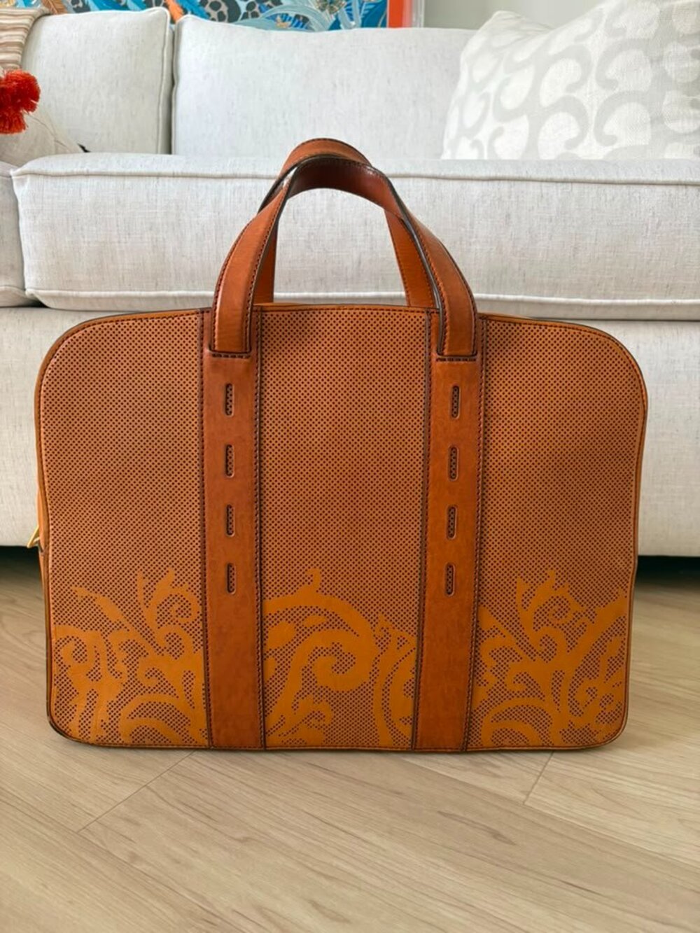 ETRO Milano Cognac Leather Weekender Travel Tote Bag w/ Strap – Made in Italy